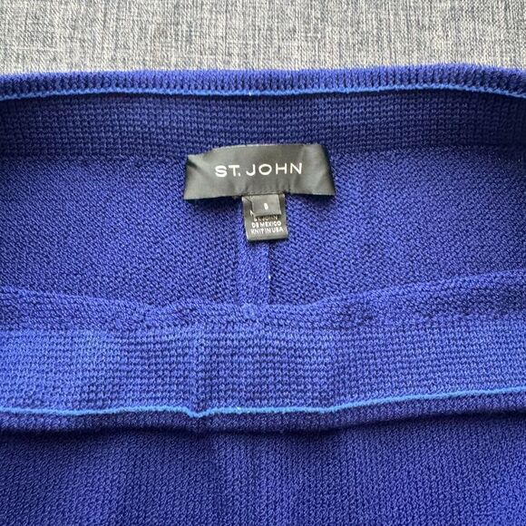 St.John 2-piece Suite Sapphire Blue Wool Blend Knit Duster,Silk Ruffle and Pants - Picture 12 of 16